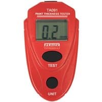 Red Sealey paint thickness gauge with digital display, two black buttons labeled "TEST" and "UNIT"