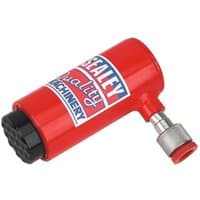 Red Sealey Push Ram, compact 10-tonne capacity, cylindrical with a side-mounted hydraulic connector.