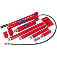 Red Sealey 20T hydraulic body repair kit with snap-type components, including cylinders, hoses, and attachments.