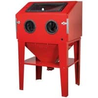 Red Sealey SB974 double access shot blasting cabinet with clear top window and two black glove ports.