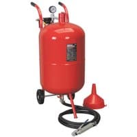 Red Sealey 75L shot blaster with water trap, pressure gauge, wheels, hose, and red funnel.