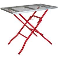 Red Sealey welding table with metal mesh top and foldable legs, measuring 1120 x 610mm.