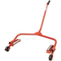 Red Sealey tyre and wheel dolly with two black swivel casters and a long handle for easy maneuvering.