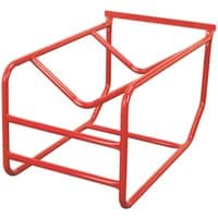 Red metal Sealey TP11 drum stillage with tubular frame, designed to hold 48gal/205L drums securely.
