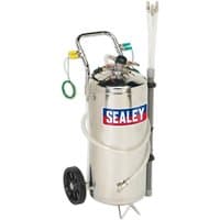 Sealey TP200S stainless steel fuel drainer, 40L, with wheels, hoses, and handle, featuring Sealey logo.