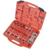 Red plastic case with 46-piece Sealey radio release tool set, including various metal keys and hooks.