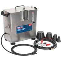 Sealey VS870 Smoke Diagnostic Tool Leak Detector, stainless steel box with hoses, gauges, and black cone adapters.