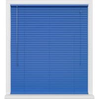 Blue window blinds with horizontal slats and white pull cords, framed by a white window casing.