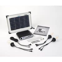 Solar lighting kit with solar panel, control unit, cables, bulbs, and manual, designed for 5m x 4m gazebos.