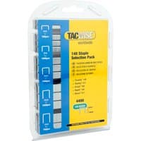 Tacwise 0350 Type 140 staples, 6-14mm, heavy-duty, galvanized, 4400 count, in a clear plastic case with yellow label.