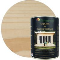 Timmersol Clear Log Cabin & Decking Treatment can, black label with cabin image, 5 litres.