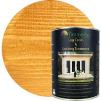 Timmersol Honey Blushed Oak Log Cabin & Decking Treatment, 5L can with wood texture background.
