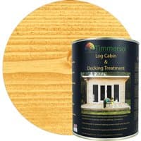 Timmersol Siberian Larch Log Cabin & Decking Treatment, 5L can, dark label with cabin image, wood texture background.