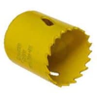 Yellow Titan drill hole saw with serrated edge and cylindrical body.
