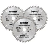 Trend 160mm circular saw blades triple pack, silver with 48 teeth and printed logos.