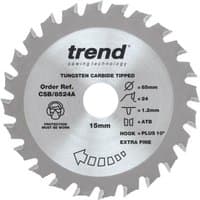 Circular saw blade, 85mm, 24 teeth, silver with black text, tungsten carbide tipped, by Trend.