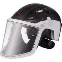 Black and white Trend Air Pro Max respirator helmet with clear face shield and two batteries.