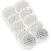 Ten round white P3 filters with fine mesh and embossed text, arranged in two rows of five pairs.