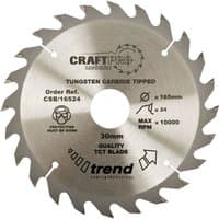 Circular saw blade, 130mm diameter, 24 teeth, 20mm bore, silver with black Trend logo and text detailing specifications.
