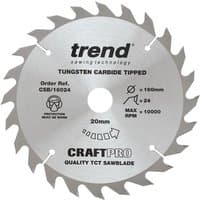 Circular silver saw blade with 24 teeth, labeled "Trend CraftPro," 160mm diameter, tungsten carbide tipped.