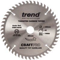 Circular saw blade with 48 teeth, 160x20mm, silver with black text, Trend branding, tungsten carbide tipped.