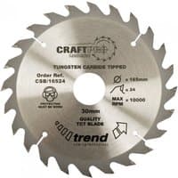 Circular saw blade, 165mm diameter, 24 teeth, silver with black text, Trend branding, tungsten carbide tipped.