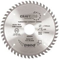 Circular silver saw blade with 48 teeth, labeled "Trend CSB/16548 CraftPro," 165mm diameter, 20mm bore.
