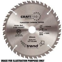Circular saw blade, 165mm diameter, 52 teeth, silver with black text, Trend branding, tungsten carbide tipped.