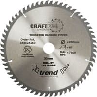 Round silver Trend craft saw blade, 184mm diameter, 58 teeth, 30mm arbor, with black text and logo.