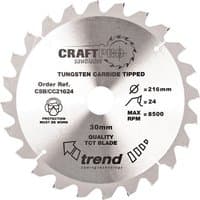 Silver Trend 216mm circular saw blade with tungsten carbide tips and printed specifications on the surface.