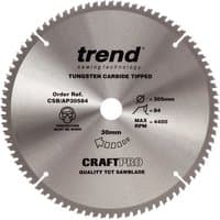 Trend 305x30mm 48T crosscut saw blade, silver with black text, tungsten carbide tipped, circular with sharp teeth.