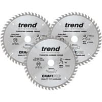 Trend 160mm circular saw blades, 48 teeth, silver with black text, PT triple pack, tungsten carbide tips.
