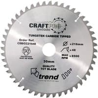 Trend CraftPro saw blade, 216mm diameter, 48 tungsten carbide-tipped teeth, silver with printed specifications.