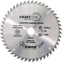 Round silver Trend CraftPro saw blade, 48 teeth, 250mm diameter, tungsten carbide tipped, labeled details.