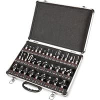 Black Trend 35-piece starter set in a silver-edged case with assorted router bits and a black foam interior.