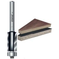 Silver Trend TR26X ¼" guided profile trimmer with black detailing and sharp cutting edge next to wood sample.