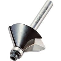 Guided 45° chamfer bit with silver cylindrical shank and black cutting edge by Trend.