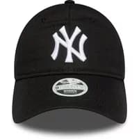 Black women's New York Yankees baseball cap with white embroidered logo and adjustable strap, by New Era.