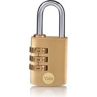 Gold Yale combination padlock with three dials and a silver shackle.