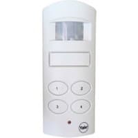 White Yale Shed Alarm with motion sensor, four numbered buttons, and small red indicator light.