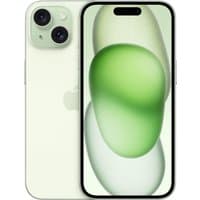 Green Apple iPhone 15 512GB with dual rear cameras and edge-to-edge display showing abstract green shapes.