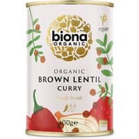 Biona Organic Brown Lentil Curry can with red peppers, onions, and herbs on white label, 400g.