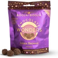 Purple Booja Booja Fudgie Brownie Chocolate Wonders pouch with gold text and small chocolate truffles at the base.
