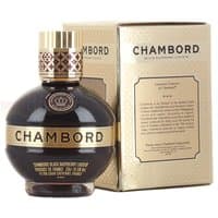 Round Chambord Raspberry Liqueur 20cl bottle with gold cap and label, next to a gold box.