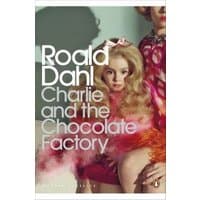 "Charlie and the Chocolate Factory book with a girl in pink dress and large hair on the cover, bold white text."