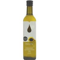 Tall glass bottle of Clearspring Organic Sunflower Oil, 500ml, with a yellow label and sunflower image.