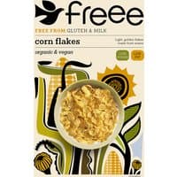 Doves Farm Gluten Free Organic Corn Flakes box with colorful corn and sunflower design, 325g.