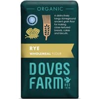 Doves Farm Organic Wholemeal Rye Flour 1kg in a dark green bag with gold accents and wheat graphics.
