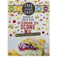Free & Easy Afternoon Tea Scone Mix box, gluten and dairy-free, with scone images and colorful icons on the packaging.