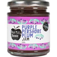 Purple Pershore Plum Jam jar with purple label, floral design, and silver lid, 210g by Fruits of the Forage.